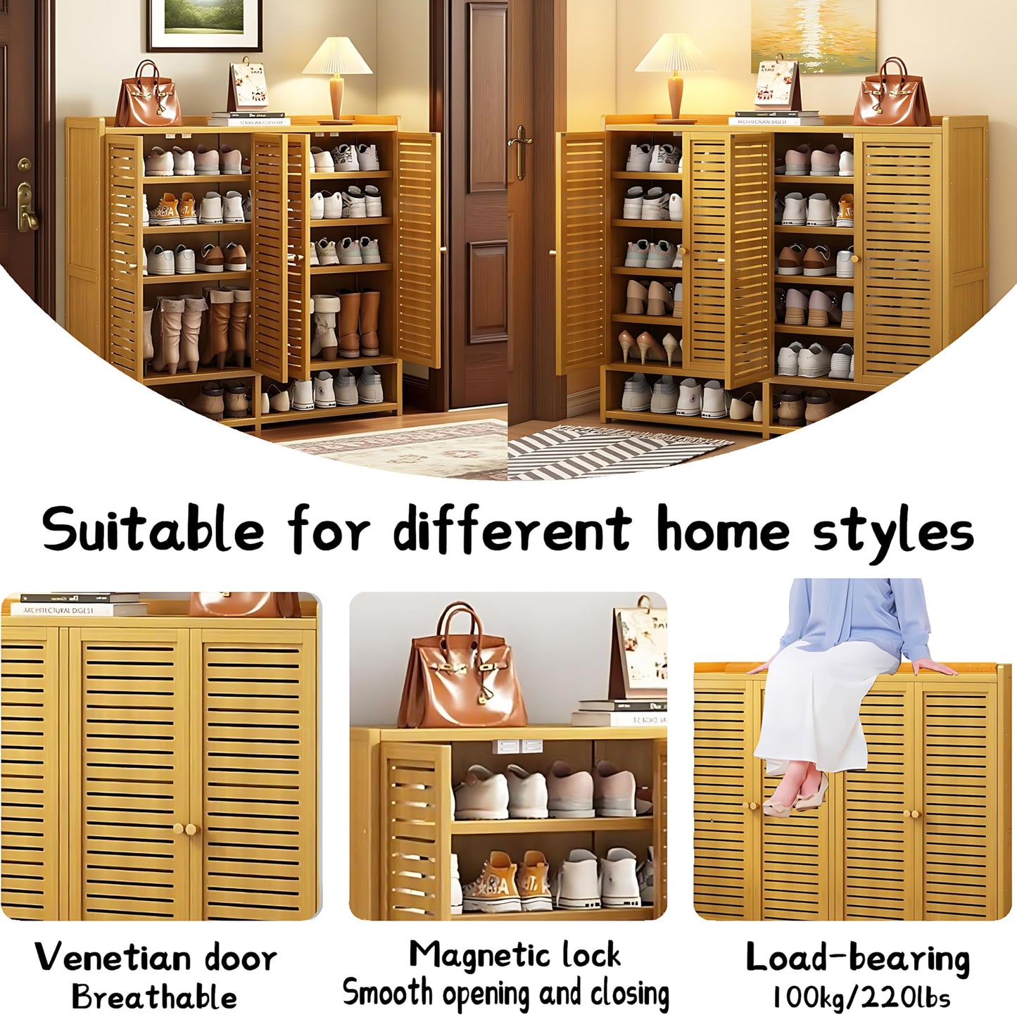 famlycokli 7-Tier Bamboo Shoe Storage Cabinet for Entryway, Shoe Cabinet with Shutter Doors, 36-40 Pairs Freestanding Shoe Rack Organizer, Shoe Organizer with Adjustable Shelves for Hallway, Closet