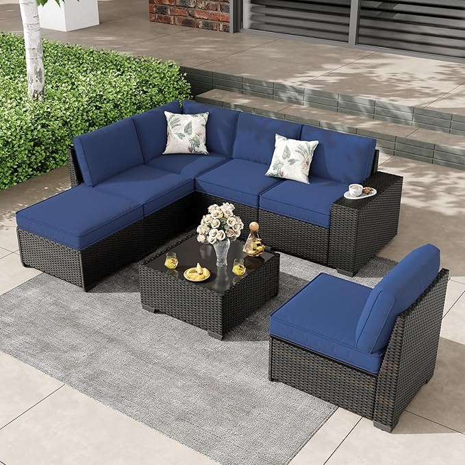 SunloungeCo 7 Pieces Outdoor Patio Furniture Set, Wicker Conversation Sets with Tea Table, Rattan Patio Sofa with Thick Cushions for Garden, Backyard Porch, Poolside,Navy