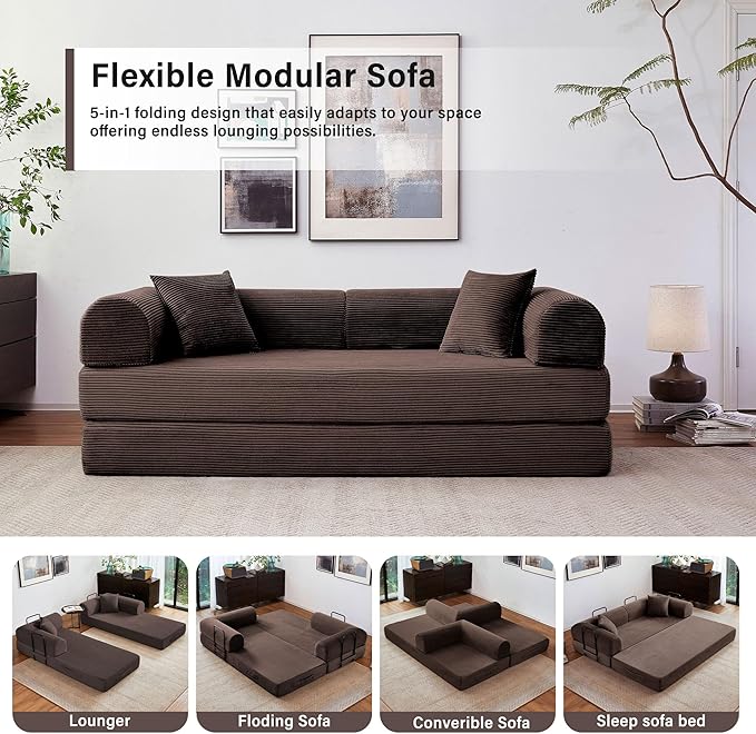 79" 5-in-1 Folding Convertible Sofa Bed, Oversized Corduroy Futon Floor Couch with Pull-Out Sleeper, Modular Boneless Loveseat for Small Spaces, Living Room, Bedroom (Brown)
