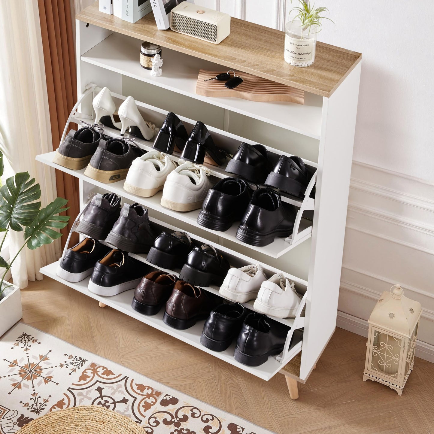 Slim Shoe Storage Cabinet with 2 Flip Drawers & Adjustable Shelves - Freestanding Entryway Shoe Organizer with Storage Compartment (Narrow Design with Legs)