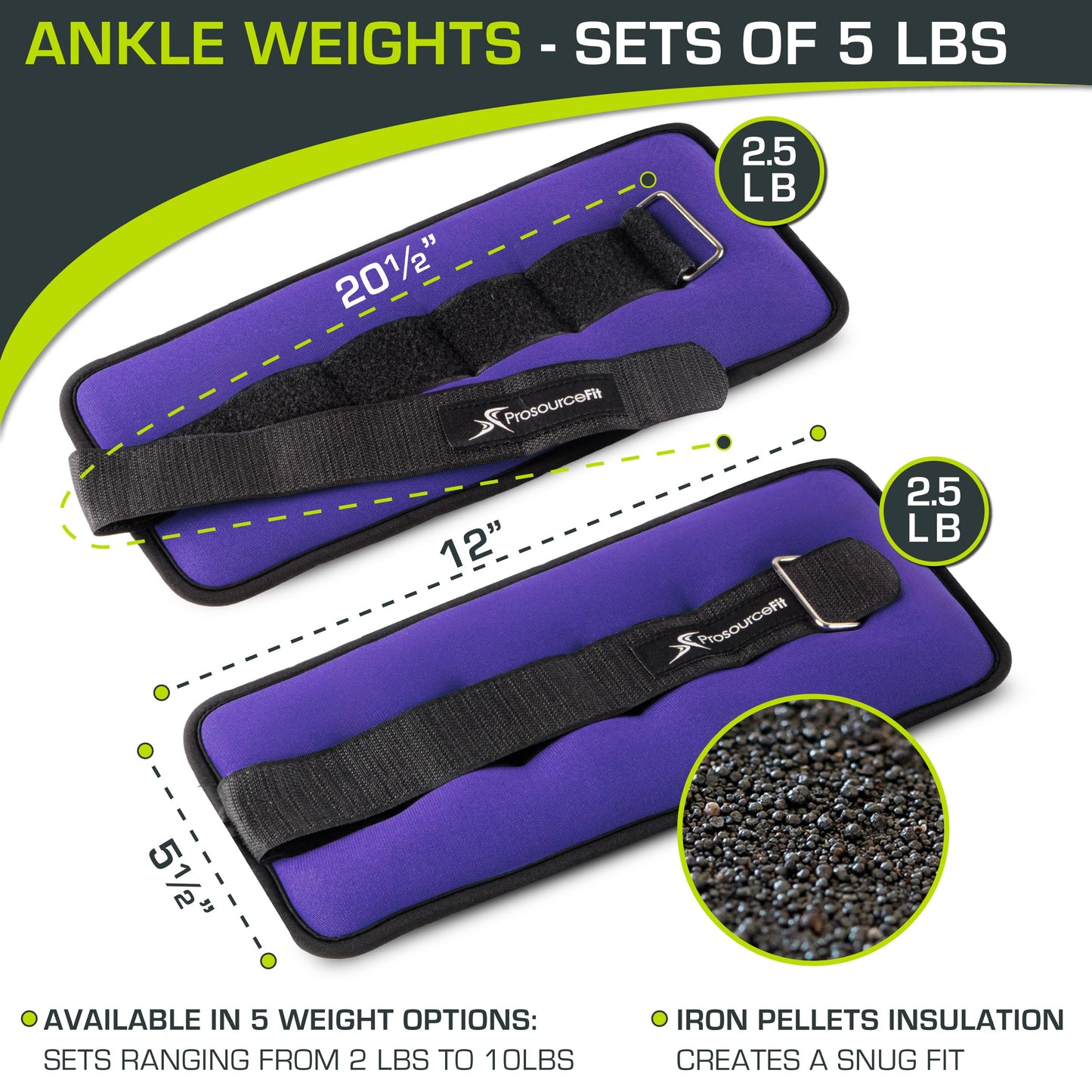ProsourceFit Ankle / Wrist and Arm / Leg Weights Set of 2, Adjustable Strap for Men and Women, Purple 2.5 LB