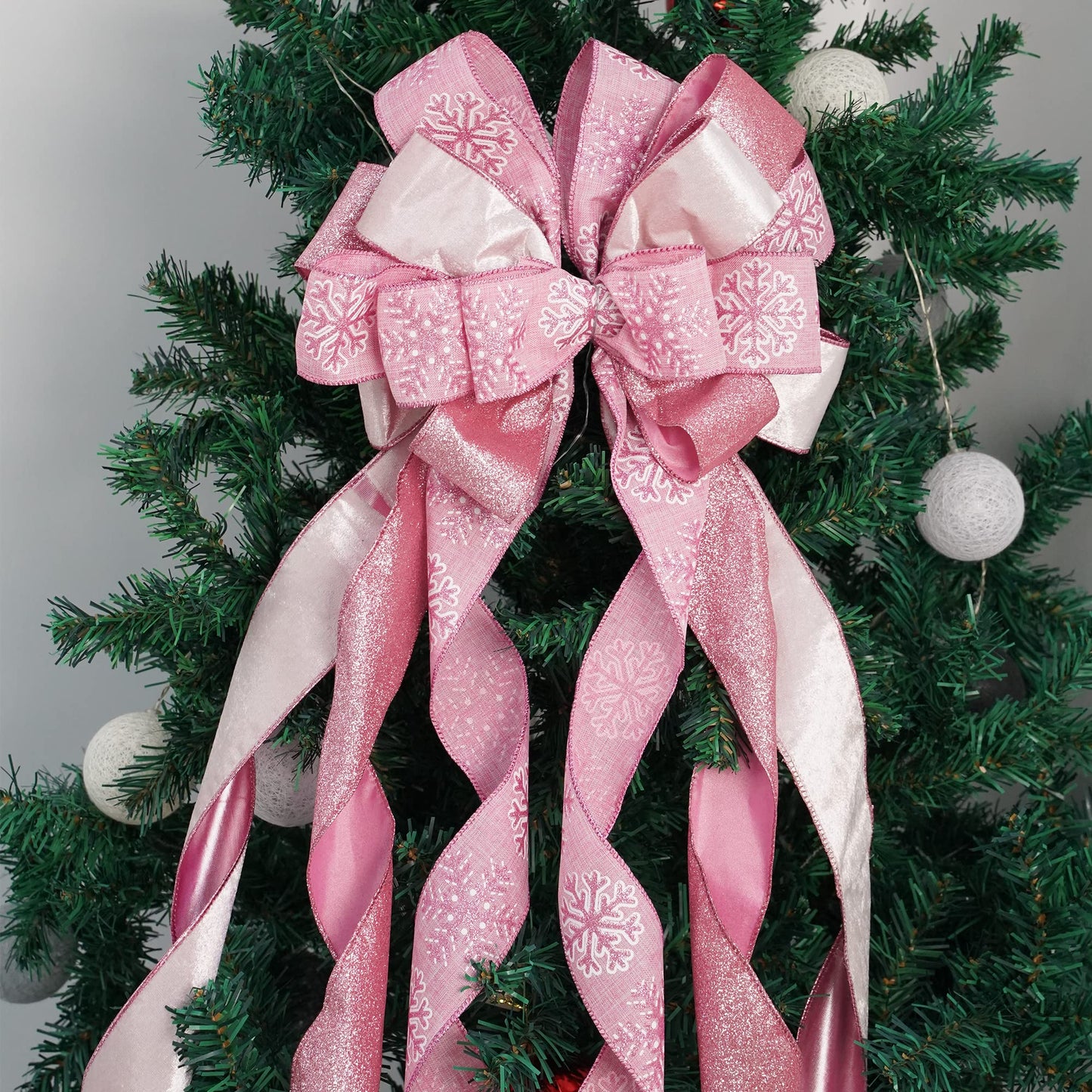 MEEDEE Pink Glitter Christmas Tree Topper - 12" Wide Velvet Bow for Christmas Tree (1 Pack)
