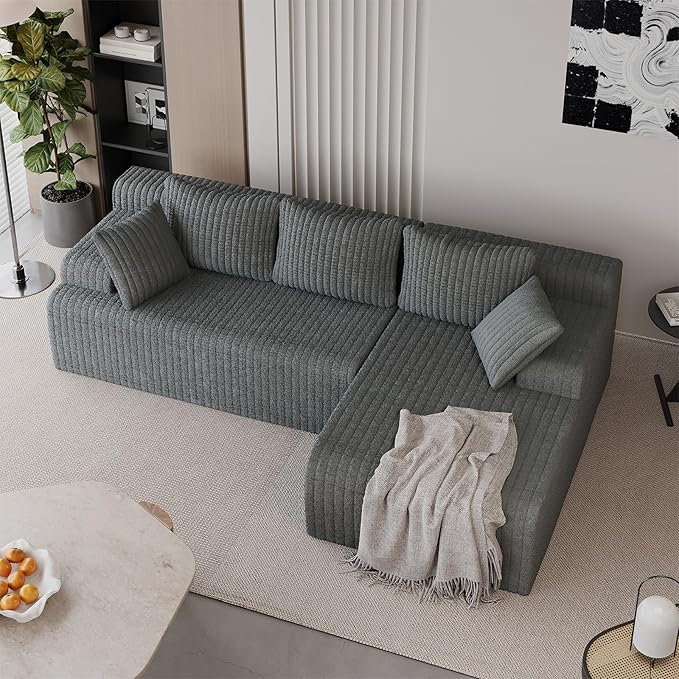 LAUSAINT HOME 96" Modular Sectional Sofa Couches, L-Shaped Boneless Cloud Sofa with 3 Deep Seat, 5 Cushiones Oversized Chaise for Living Room, Bedroom, Plush Corduroy Fabric (Right, Grey)