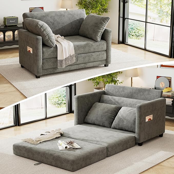 kakuboohi 51" Loveseat Sleeper Sofa Bed, Chenille Convertible Floor Sofa Bed for Small Spaces, Folding Couch Bed with Deep Seat, 2 Pillows & Solid Frame, Pull Out Floor Couch for Living Room, Grey