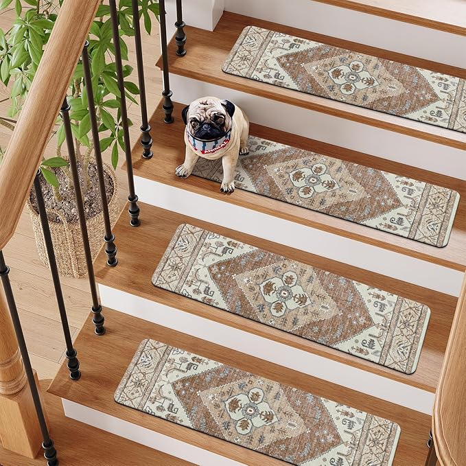 OJIA Super Non-Slip Stair Treads for Wooden Steps, 30"X8" Indoor Stair Runners Slip Resistant Stair Rugs Safety Mats for Dogs, Kids & Elders, Rubber Backed Stair Treads Stair Covers (15PC)