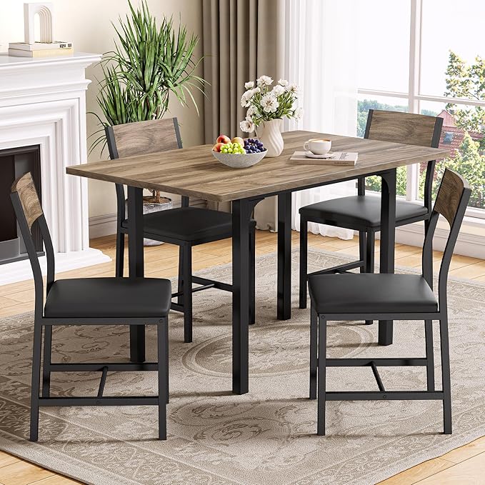 IRONCK 5-Piece Dining Table Set for 4, Extendable Kitchen Table Chairs Set of 4, Dining Room Table with 4 Upholstered Chai...