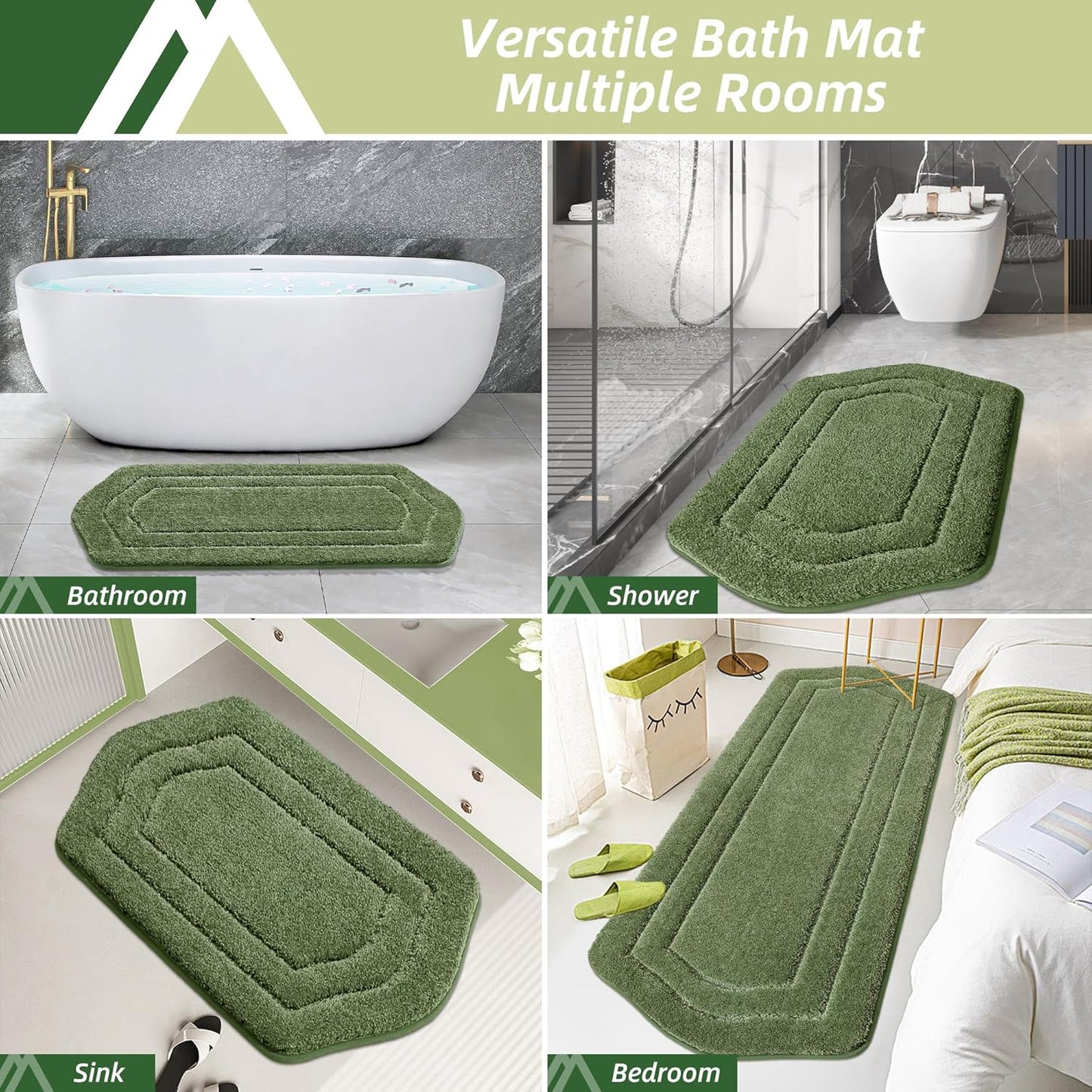 COSY HOMEER Bathroom Rugs Mat 24”x70” Absorbent Non-Slip Bath Mat, Plush Shaggy Bathroom Runner, Machine Washable Large Soft Bath Mats for Bath Floor,Tub and Shower,Green