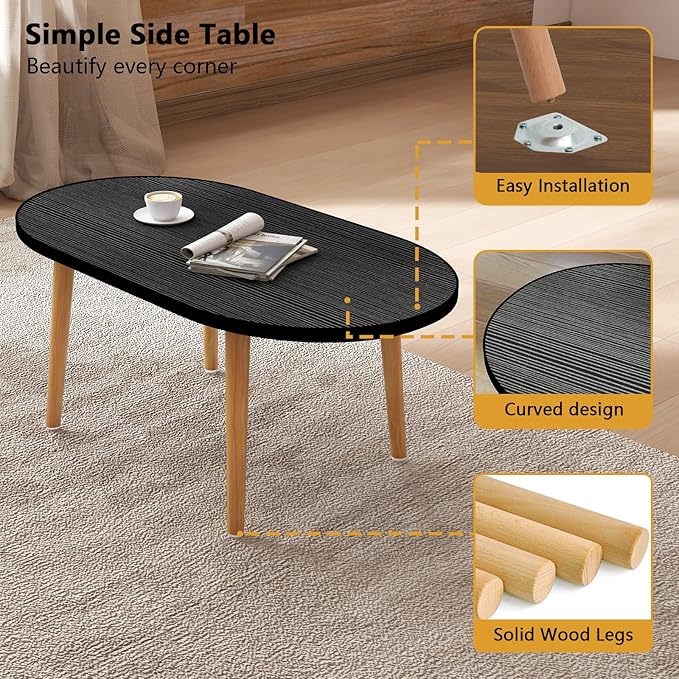 Funecy Oval Coffee Table Low Table with 4 Solid Wood Sturdy Legs, Floor Table Desk for Sitting on The Floor, Storage and Living Room Furniture (Black)