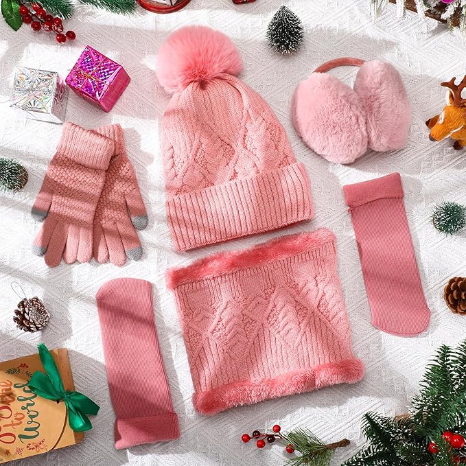 SATINIOR 5 Pcs Winter Hat Scarf Gloves Set Fleece Lined Knit Beanie Hat Warm Touch Screen Gloves Earmuff Warmer for Women(Pink,Chic Style)