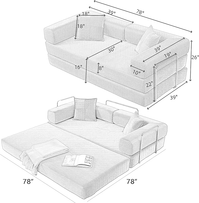 Convertible Couch Sofa Bed Foldable Floor Sleeper | Modern Fold Out Deep Seat Couch | Removable Backrest & Armrests | No Assembly Compression Sofa Sleeper for Living Room, Bedroom | Orange Corduroy