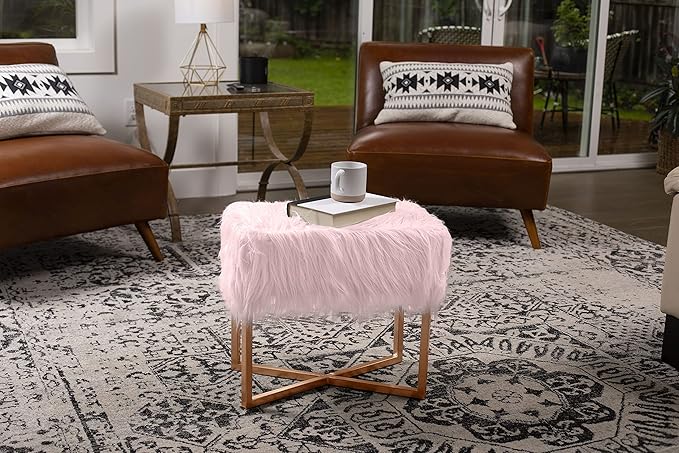 BIRDROCK HOME Rectangular Pink Faux Fur Foot Stool Ottoman with Gold Legs - Vanity Chair - Soft Compact Padded Seat - Bedroom and Kids Room Chair - Metal - Fluffy Makeup Seat Furniture