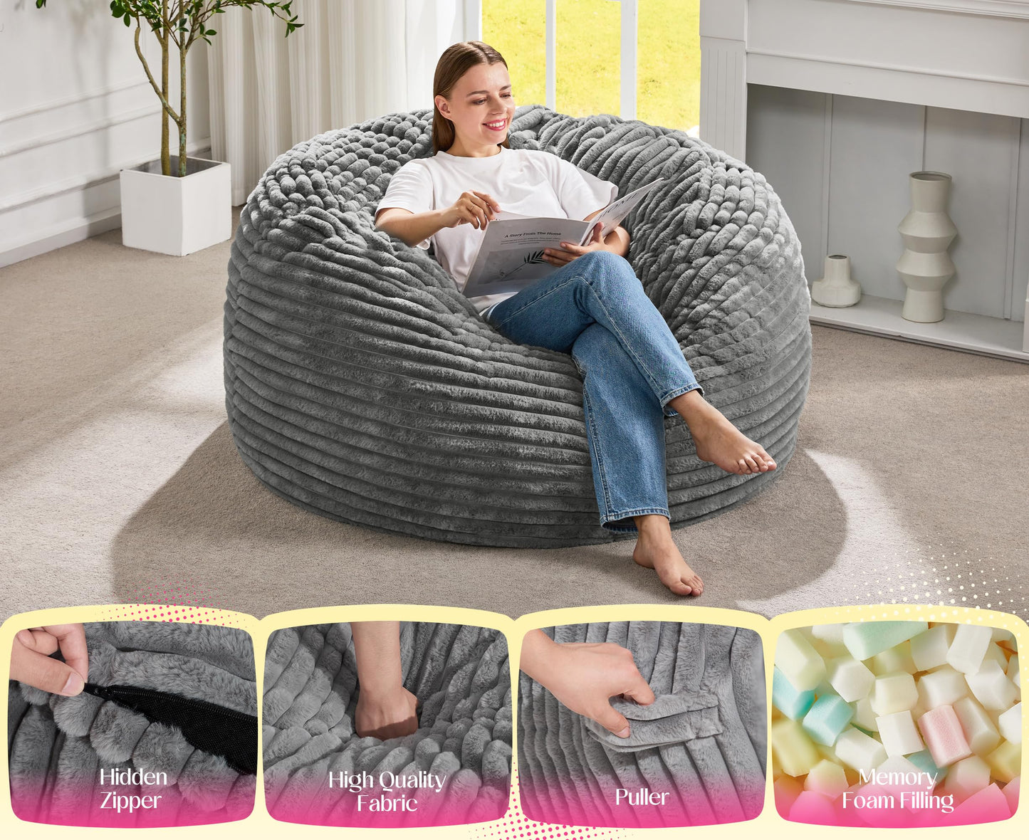 Hobestluk Bean Bag Chair Convertible Beanbag Chairs for Adults, 3 in 1 Bean Bags with Stripe Cover, Adult Bean Bag Chair for Living Room, Bedroom (Grey, Full)