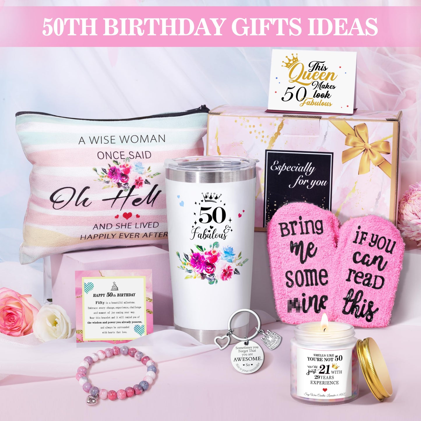 ShinnyWis 50th Birthday Gifts for Women,Happy 50th Birthday Gifts for Her Friends Mom Wife Sister Coworker,Tumblers Gifts Set for 50 Year Old Women,Funny 50 Birthday Gifts Ideas