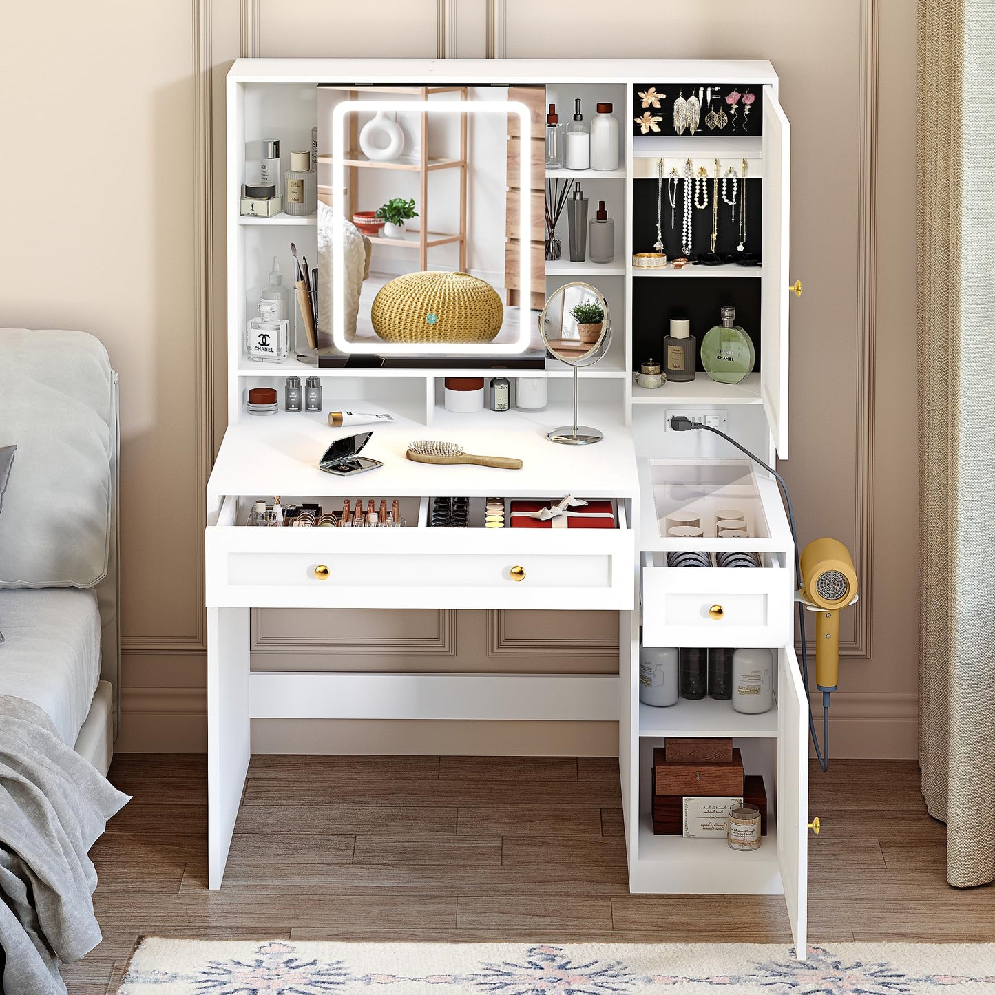 Pamapic Glass Top Farmhouse Vanity Desk with Mirror and Lights, Sliding LED Mirror Makeup Vanity with 3 Golden Handles Drawers and 12 Compartments, Jewelry Organizer 3 Color Dressing Table, Bedroom