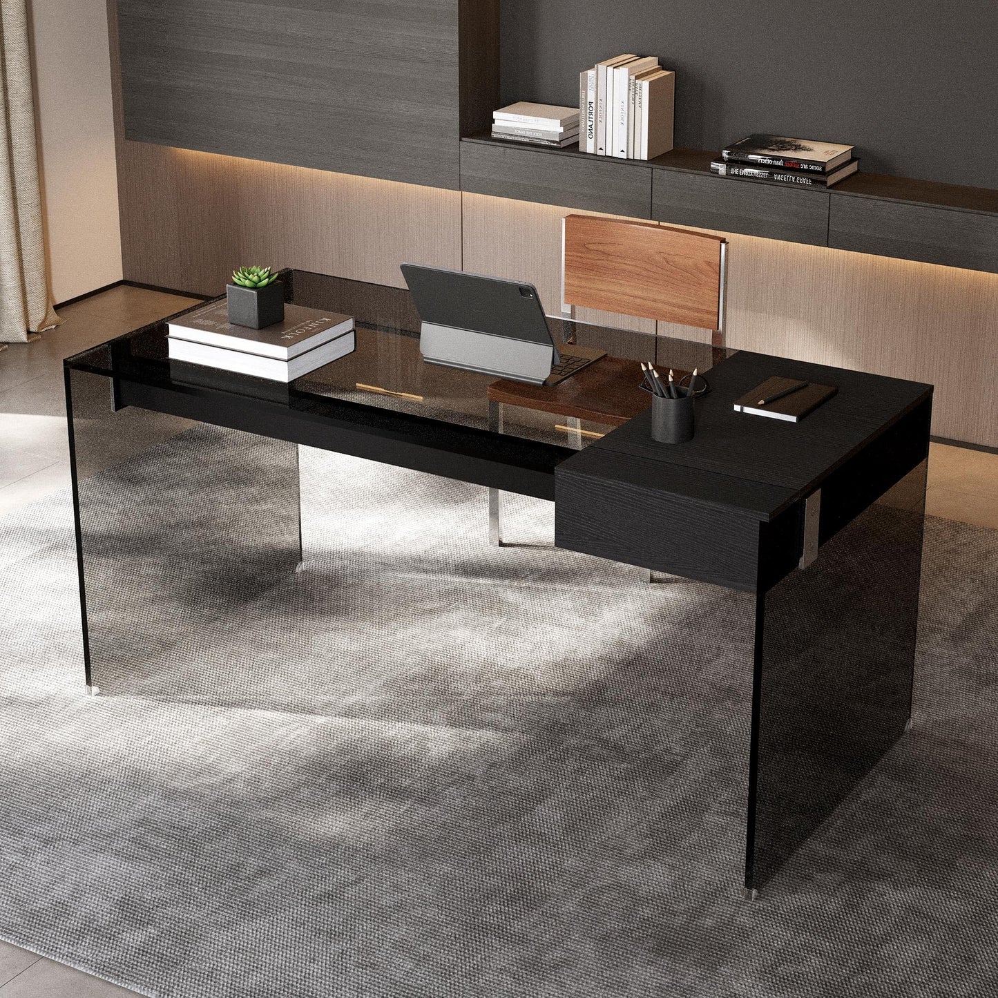 gaoyangjiaju Modern L-Shaped Glass Desk with Wooden Drawer – Black Tempered Glass Computer Desk with Storage for Home Office & Study