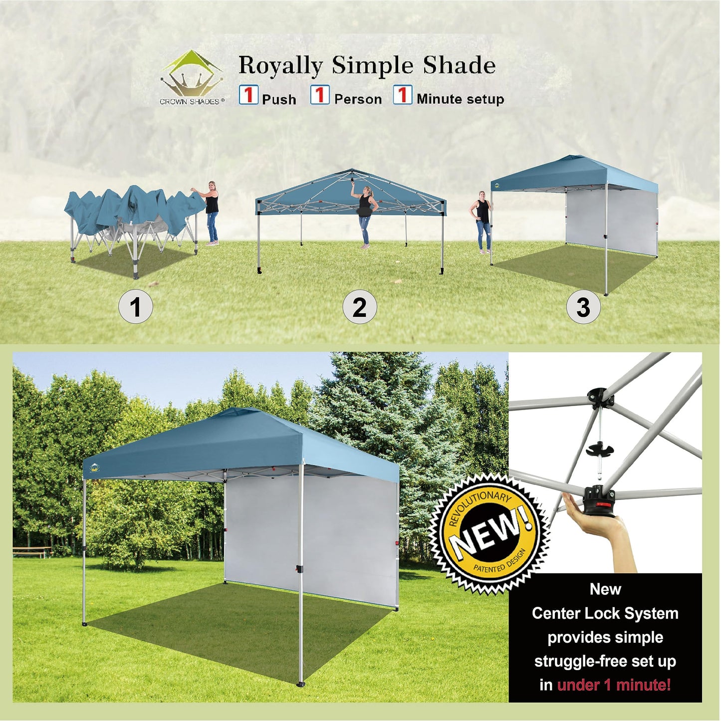 CROWN SHADES 10x10 Pop Up Canopy with 1 Side Wall - Beach Tent with One Push Setup - Outdoor Sun Shade for Events, Parties, Camping - Gazebo with STO-N-Go Cover Bag (Cyan Blue)