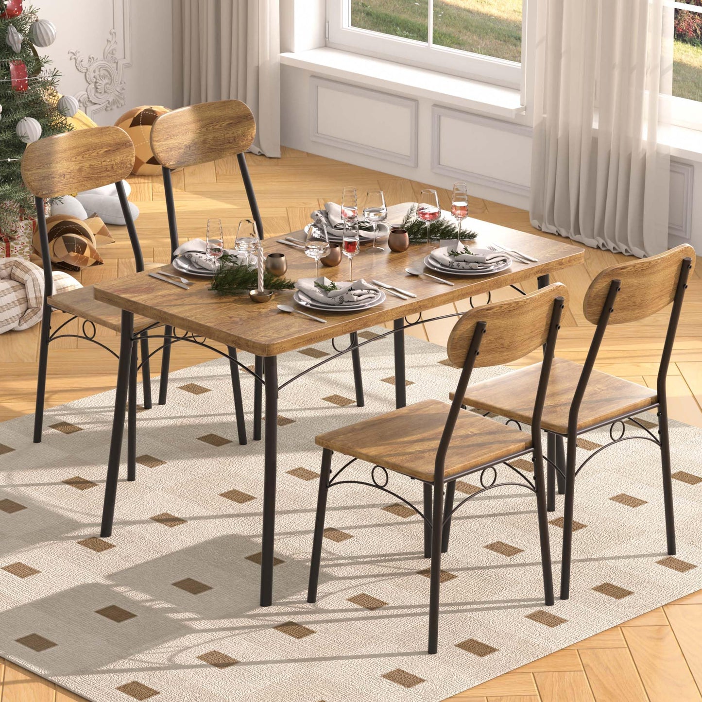 VECELO Kitchen Table Chairs Set for 4, 5 Piece Wood Dining Room Table with 4 Chairs, Perfect for Small Spaces, Compact Kitchen, Breakfast Nook, Brown