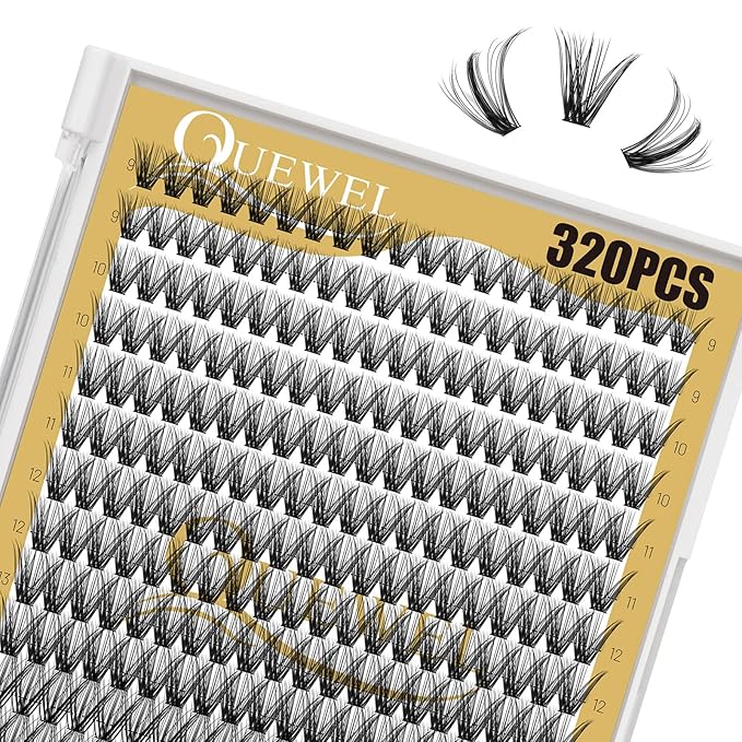 QUEWEL Lash Clusters 320Pcs Cluster Lashes 40D D Curl Lash Cluster Eyelash Extensions Mix9-16mm Individual Eyelashes Clusters Wispy Lash Clusters Thin Band Soft to Use at Home(40D D Mix9-16)