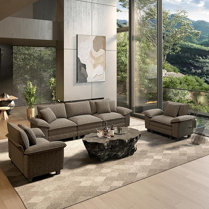 HERA'S HOUSE 3 Pieces Modular Sectional Sofa Sets, Oversized Couch Set with Loveseat and Armchairs, Comfy Cloud Couches with Throw Pillows, 5-Seater Deep Seat Sofa for Living Room, Chenille Ash