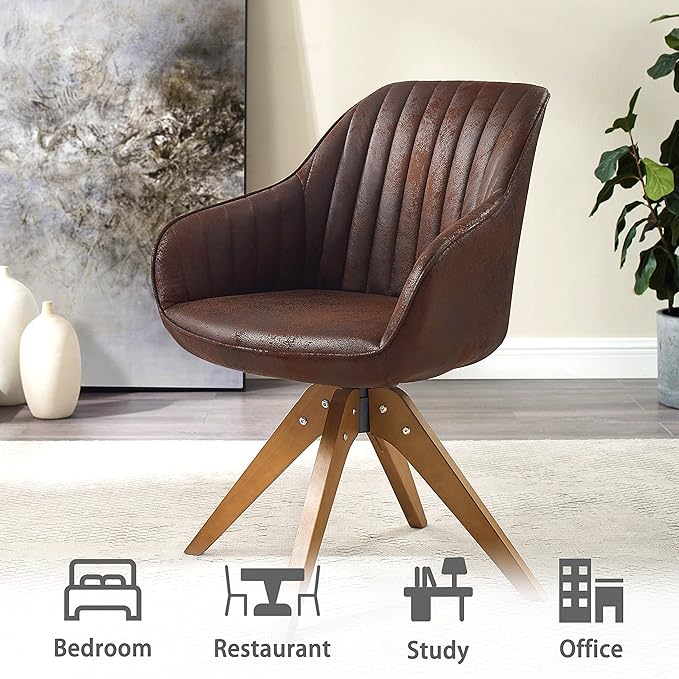 Art Leon Dining Chair, Mid Century Modern Suede Upholstered Swivel Dining Room Chair with Wood Legs, Leisure Side Chair with Arms for Living Room, Mocha