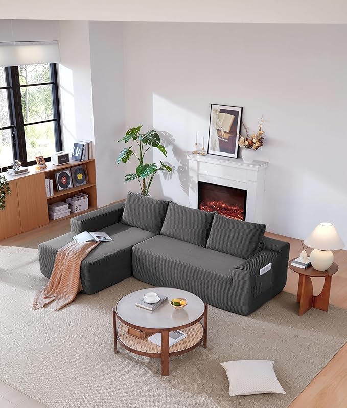 Vanress 97" Cloud Couch Sectional, Corduroy Boneless Couch with L-Shape Chaise,Modern Modular Sectional Sofa Comfy Deep Seat for Living Room, Bedroom, No Assembly (Dark Grey, Left Facing Chaise)
