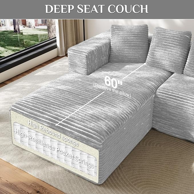 Modular Sectional Sofa, 107" L Shaped Cloud Couch Plush Corduroy Deep Seat Boneless Sofas with 5 Pillows Long Chaise Lounge Couches Memory Foam for Living Room - Grey, Left Facing Chaise