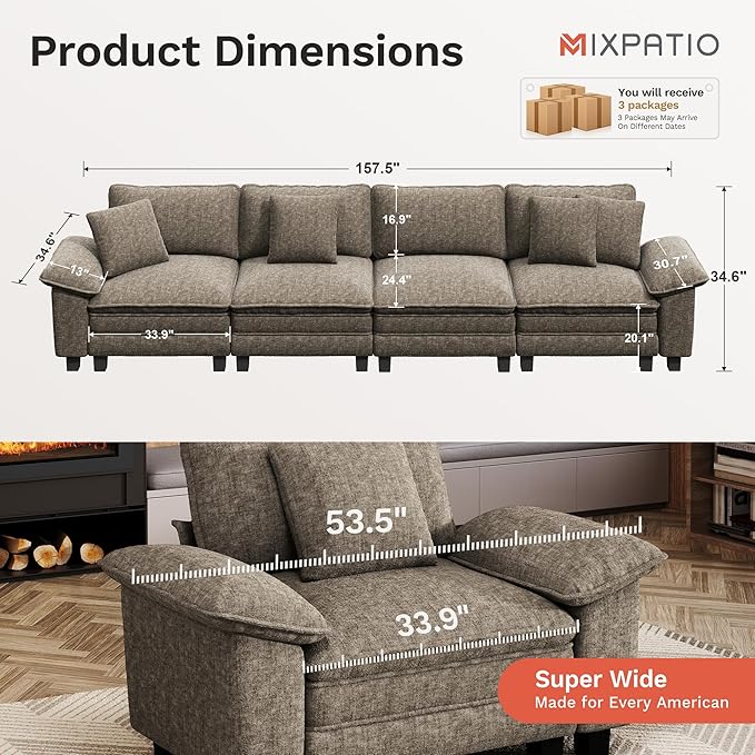 MIXPATIO 157.5" Cloud Modular Sectional Sofa, 4-Seater w/Deep Seat & Removable Arms, Plush Chenille for Living Room - Smoky Gray