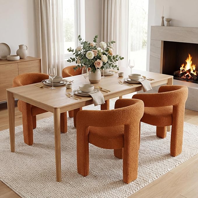 DAYALANE Modern Barrel Dining Chairs Set of 4, Upholstered Dining Room & Kitchen Chair with Curved Back, Comfy Accent Side Reading Armchair for Living Room Bedroom Kitchen Home Office, Orange Fur