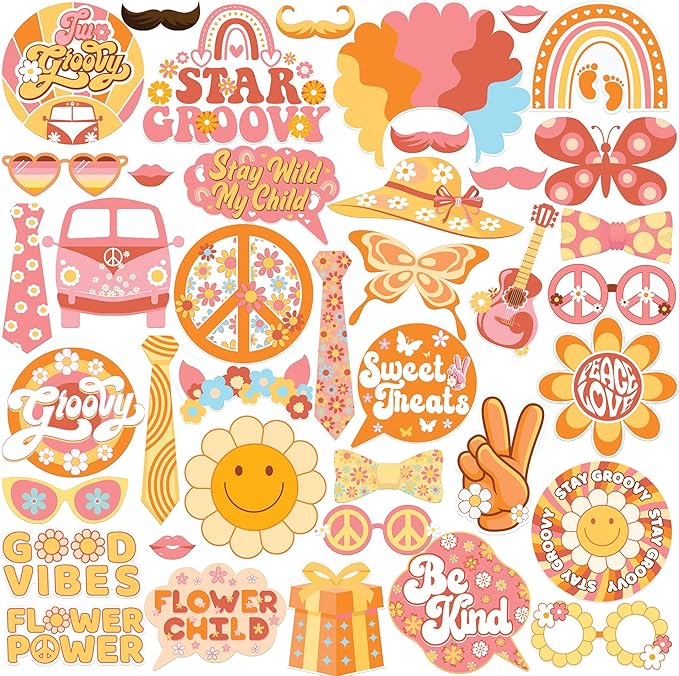 KatchOn Groovy Photo Booth Props - Pack of 40, 60s & Retro Props for Two, Hippie Party Decorations