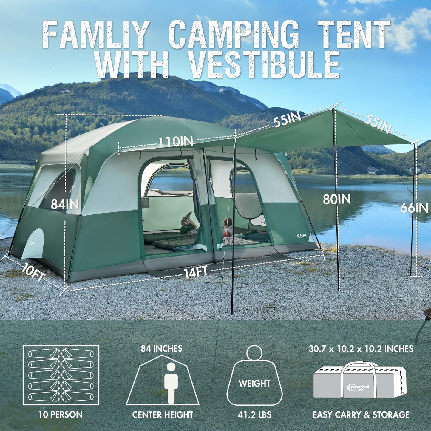 PORTAL Camping Tent, 10 Person Instant Cabin Tent with Rainfly, Large Mesh Windows & Upgraded Ventilation, Portable Big Tents with Carry Bag for Family Outdoor, Backpacking, Hiking