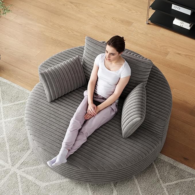 Antetek 360-Degree Oversized Swivel Chair, Modern Round Circle Corduroy Comfy Deep Seat Swivel Accent Chaise Lounge Sofa Chair with Back Cushion & 2 Throw Pillows for Living Room Bedroom Office, Grey