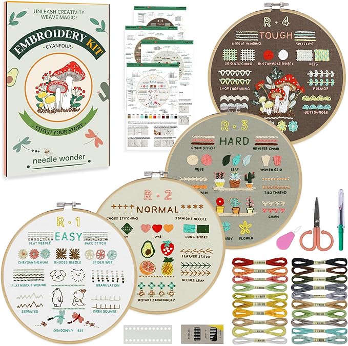 CYANFOUR Embroidery Kit for Beginners, 4 Stages to Learn 38 Stitches, with Step-by-Step Instructions and Clear Videos, Inc...