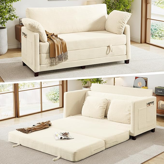 kakuboohi 65" Loveseat Sleeper Sofa Bed, Corduroy Convertible Sofa Bed for Small Spaces, Folding Couch Bed with Deep Seat, 2 Pillows & Solid Frame, Pull Out Floor Couches for Living Room, Beige