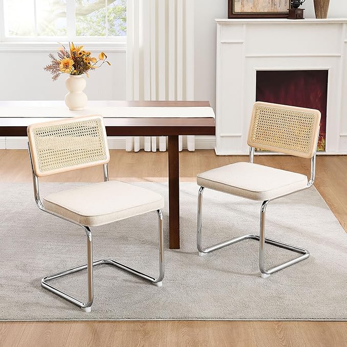 Zesthouse Natural Rattan Dining Chairs Set of 4, Mid Century Modern Dining Chairs with Solid Wood Back & Chrome Base, for Kitchen Living Room, Breuer Design Inspired, Upholstered Linen Fabric, Beige