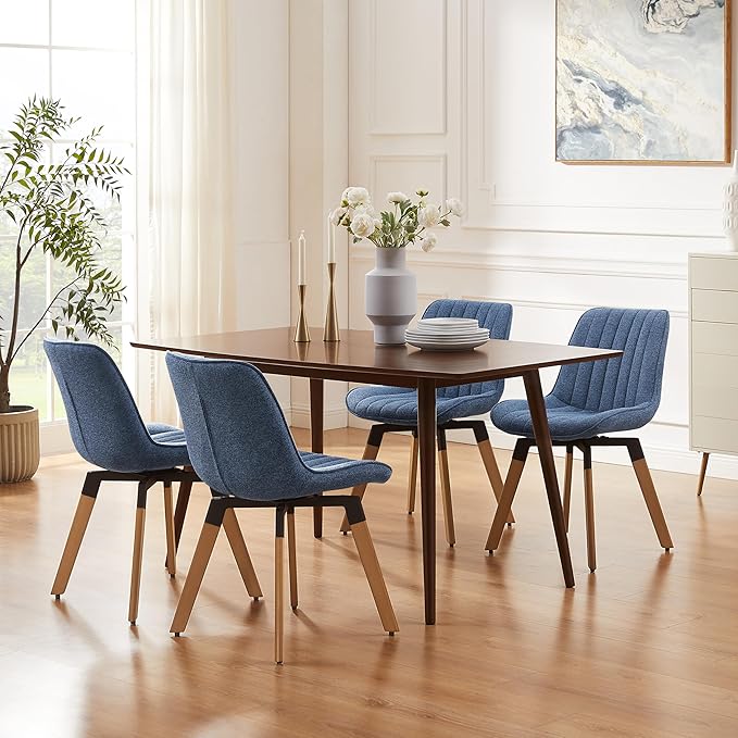 Art Leon Swivel Dining Chairs Set of 2, Mid Century Modern Kitchen Dining Room Chairs, Upholstered Fabric Armless Side Chair with Wood Legs for Living Room Bedroom, Blue