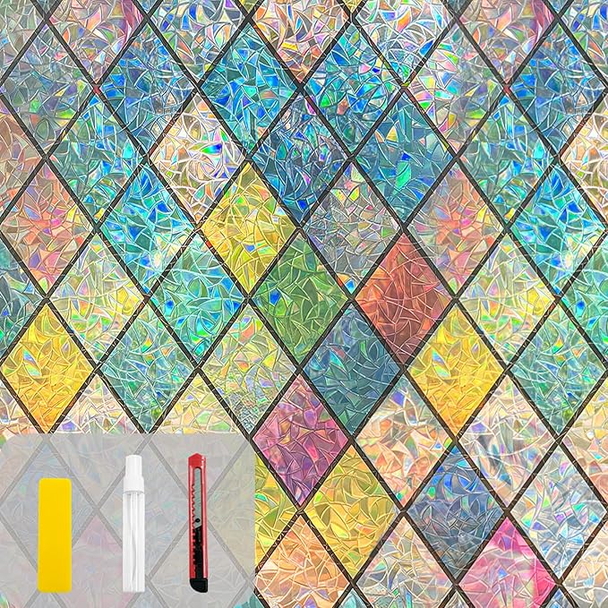 QHY Sunshine Colorful Rainbow Stained Glass Window Film Non-Adhesive Window Privacy Film Reusable Decorative for Room (Chequered Rainbow, 35.4 X 157.4 in)