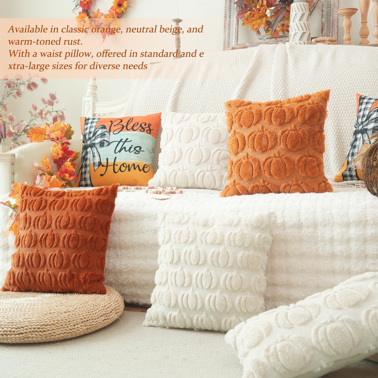 GEEORY Fall Pillow Covers 18 x 18 Inch Set of 2, Fall Decorations Pumpkins Soft Plush Fluffy Faux Fur Wool Decorative Autumn Farmhouse Cushion Case for Sofa Rust GC019-18