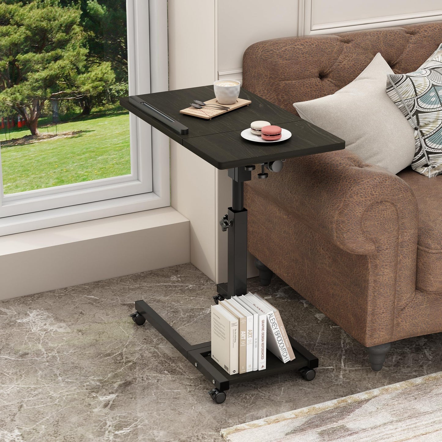 Laptop Desk Stand for Bed Portable Desk Overbed Bedside Table Mobile Rolling Foldable Table Adjustable Height with Locked Wheels & Mouse Pad Office Sofa