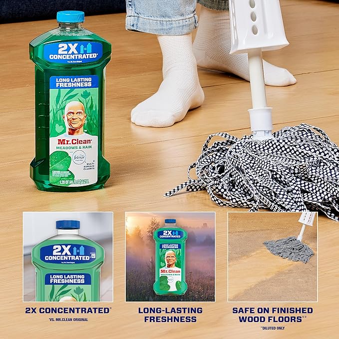 Mr. Clean All Purpose Cleaner, Floor Cleaner for Mopping Home, Bathroom, & Kitchen, Cleaning Liquid for Mop & Bucket, Cleaning Supplies, Multi-Surface Dilutable, Meadows & Rain, 41oz (Pack of 4)