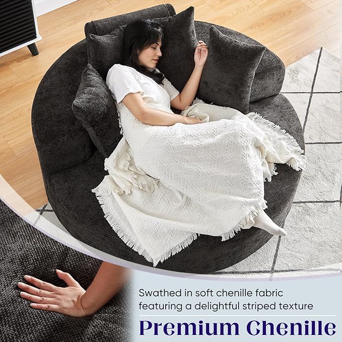 Oversized Round Swivel Chaise Longue Chair Indoor, Modern 55-inch 360 Degree Swivel Upholstered Waffle Chenille Deep Seat Circle Single Cloud Sofa Chair for Living Room Bedroom Apartment Office, Black