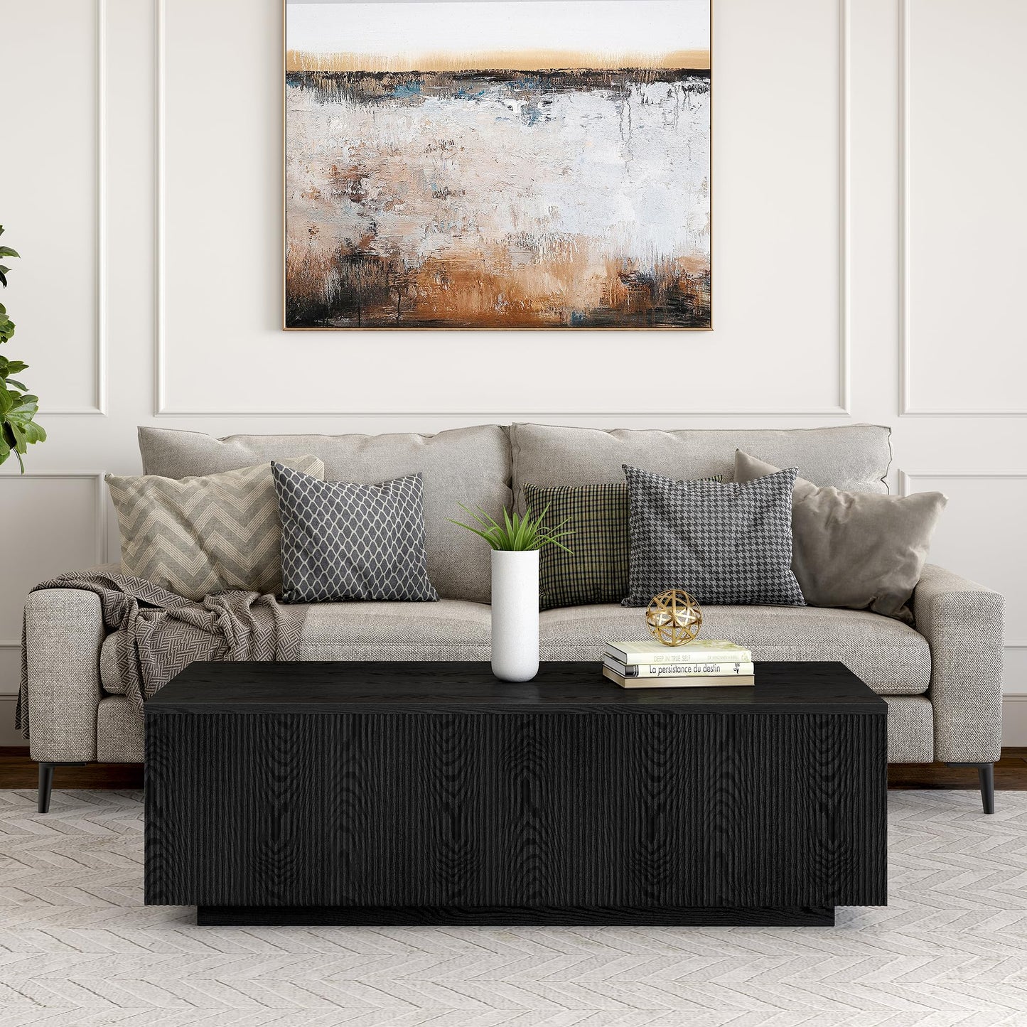 Henn&Hart 48" Fluted Rectangular Low-Profile Coffee Table with Ribbed Sides for Living Room, Family Room, or Office, Natural Black