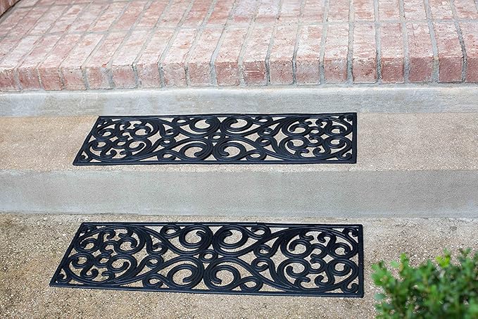 BIRDROCK HOME 10" x 30" Rubber Stair Mat with Scroll Design | Tread Mat | Keeps Your Floors Clean | Outdoor Doormat | Decorative Design (2 Pack)