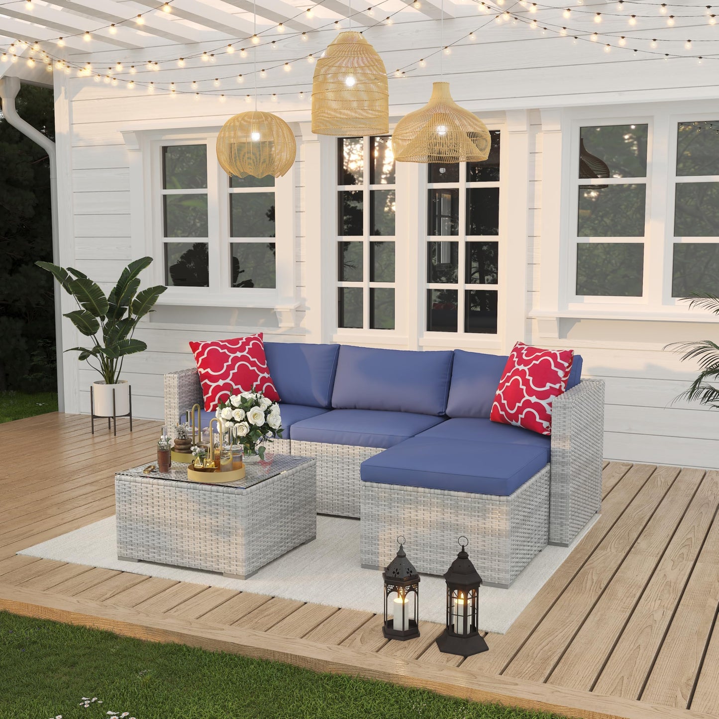 IDEALHOUSE 5-Piece Outdoor Sectional Sofa Set – All-Weather PE Rattan Conversation Furniture with Tempered Glass Table, Waterproof Blue Cushions & Footstool – Garden, Porch, Poolside – Gray Gradient