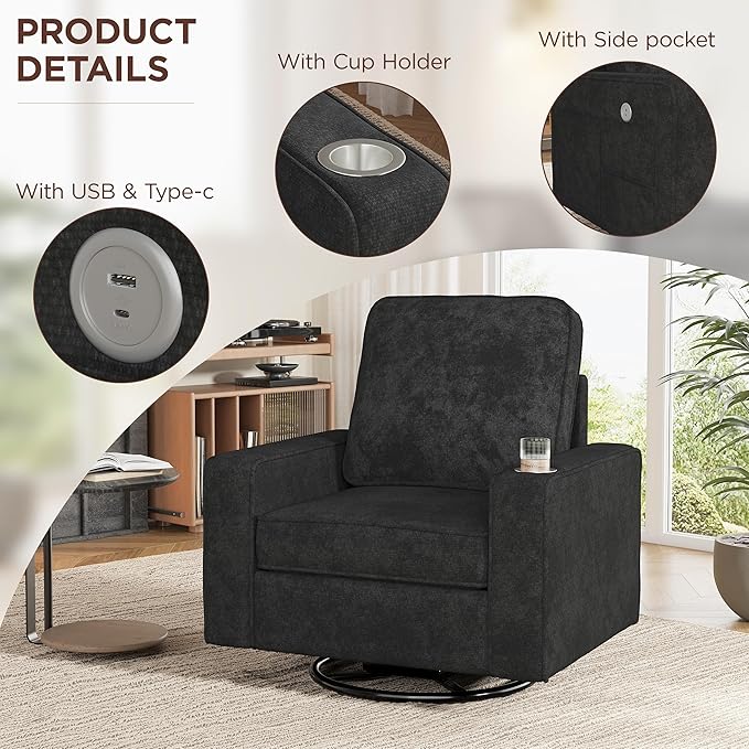 Swivel Square Accent Chair with Wide Armrests,360° Rotating Comfy Single Sofa Chairs with USB/Type-C,Cup Holder & Side Pocket,Modern Armchair for Living Room Bedroom Reading Lounge Nook,Dark Grey | Swivel Accent Chair, with USB/Type-C, Cup Holder, Side...
