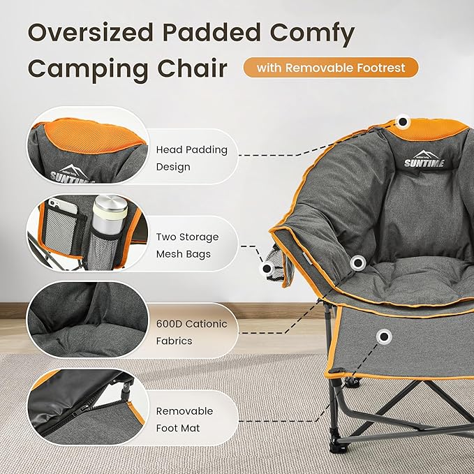 OUTDOOR LIVING SUNTIME Oversized Padded Comfy Camping Chair with Removable Footrest，Weight Capacity 400LBS, Heavy Duty Moon Round Leisure Folding Chair for Camping, Hiking, Carry Bag, Orange