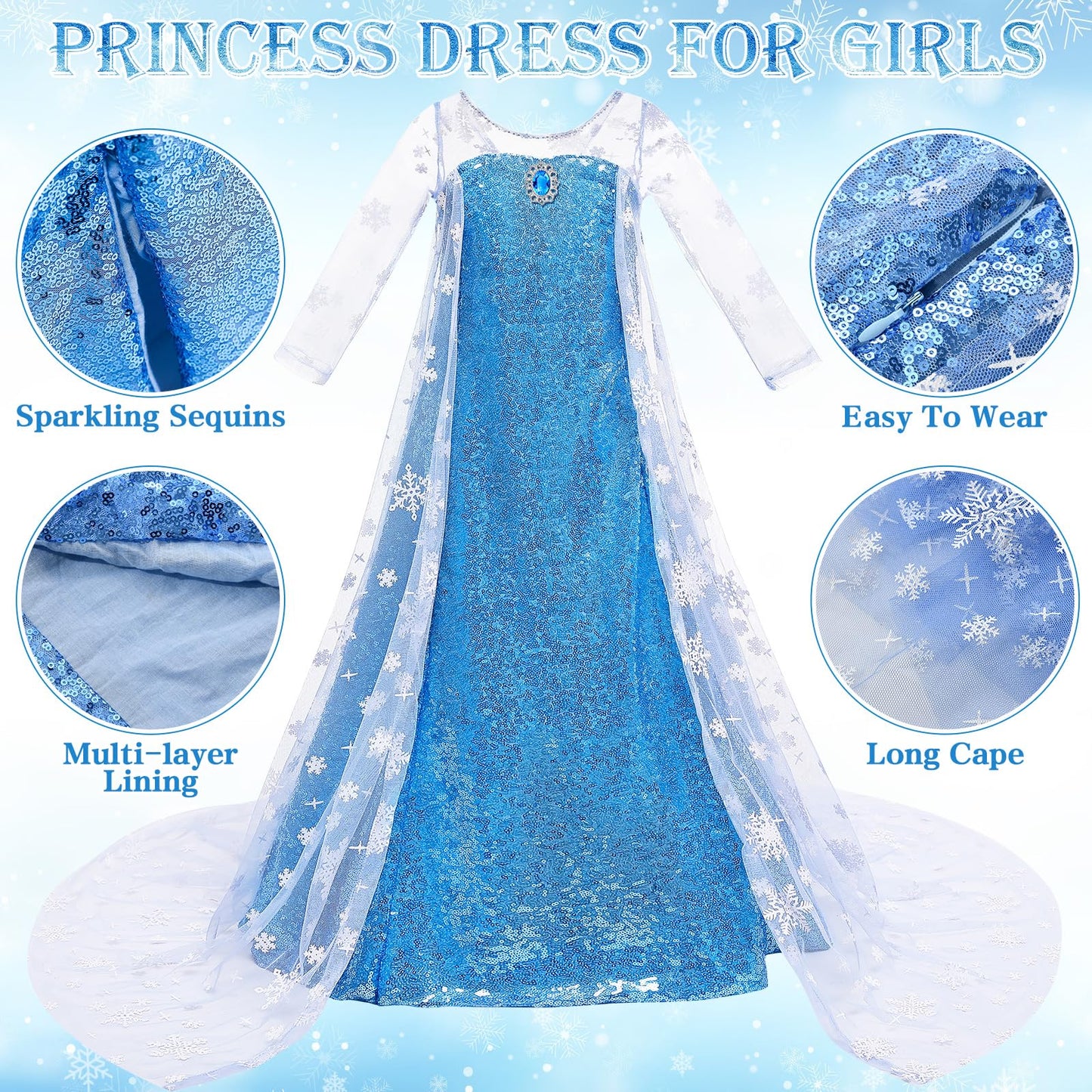 G.C Girls Princess Dress Costume with Wig Cape Toddler Princess Dress Up Outfit Kids Crown Jewelry Halloween Cosplay Birthday Gifts