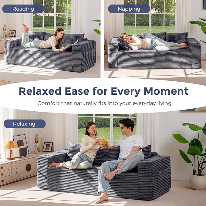 MAXYOYO 79" Oversized Boneless Loveseat Sofa Couch for Small Spaces, Mini Love Seat Floor Couch with Cup Holders and Pillows, 3-Seater Upholstered Cloud Couch for Bedroom, No Assembly Required