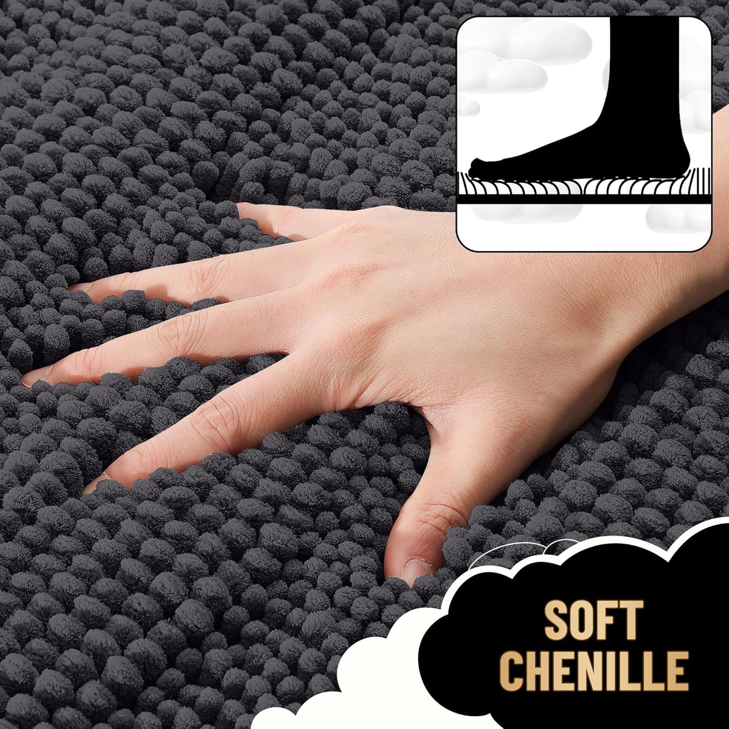 OLANLY Thick Bathroom Rugs 44x24, Extra Soft Absorbent Chenille Striped Bath Rugs, Rubber Backing, Machine Wash Dry, Bath Mats for Bathroom Floor, Tub and Shower, Home Decor Accessories, Dark Grey