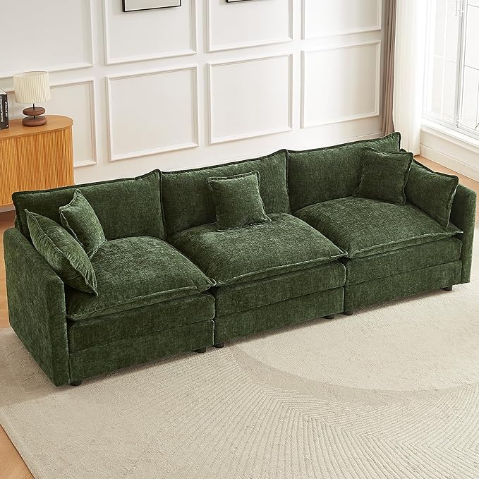 saows Modular Sectional Sofa, 112.2 Inch Rectangle Shaped Couch Set with Armrests, 3-Seater Comfy Cloud Couches for Living Room Apartment, Green