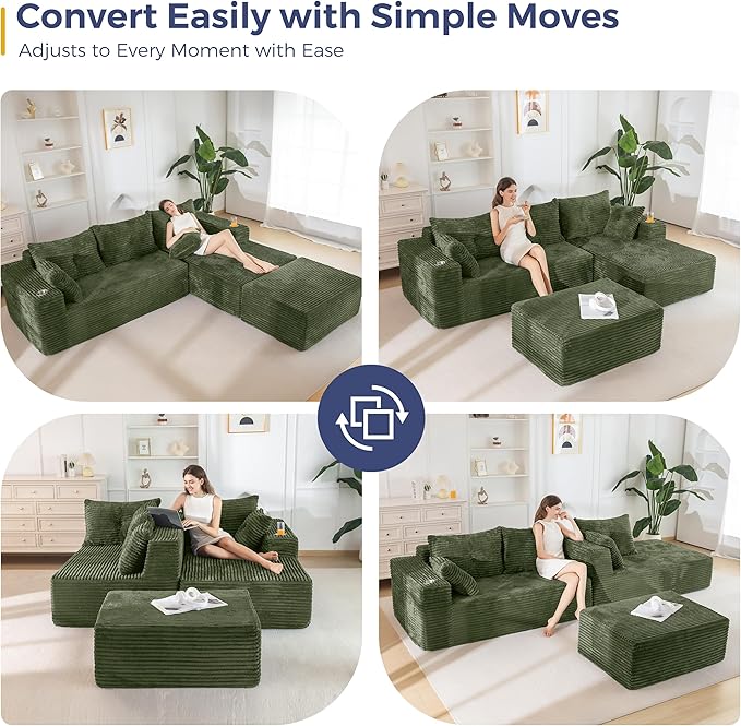 MAXYOYO 104" U-Shaped Modular Sectional Couch, Modern Boneless Couch for Living Room, Sofa in A Box, Oversized Sofa Sleeper with Deep Seat, No Assembly Required, Green